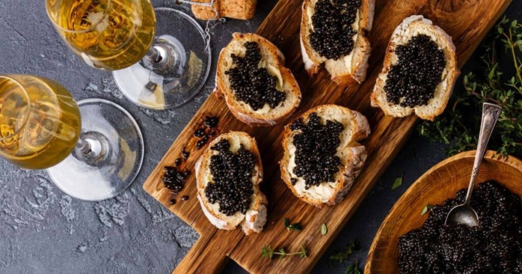 Close up image of caviar on small pieces of bread