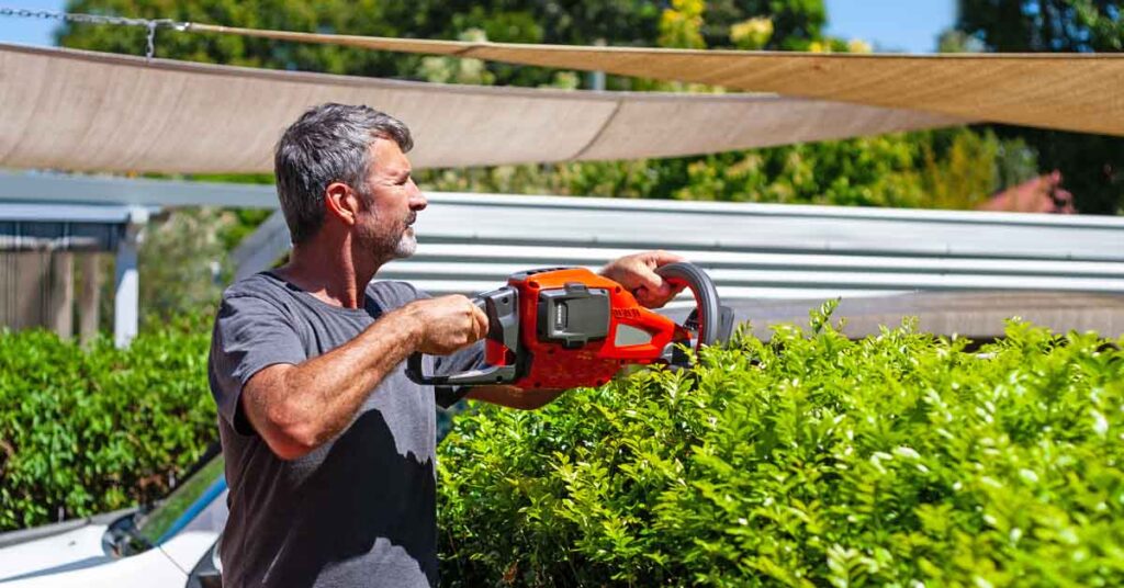 man trimming a hedge in a backyard