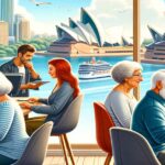 Elderly multiethnic individuals working in a home office with a view of the Sydney Opera House, symbolizing remote work in retirement for Australian millennials.