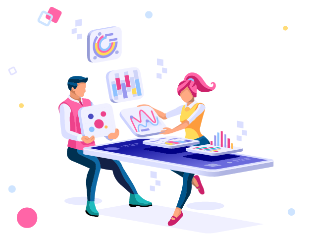 illustration of a couple sitting at a table with graphs and charts