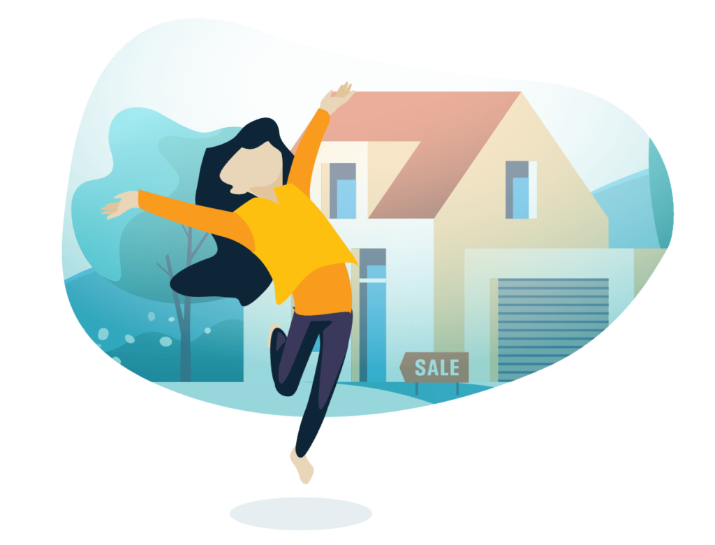 Illustration of a lady jumping for joy in front of a newly purchased house