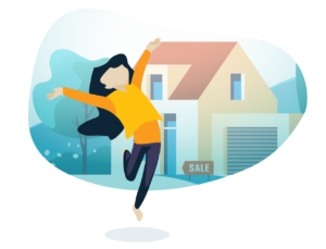 Illustration of a lady jumping for joy in front of a newly purchased house