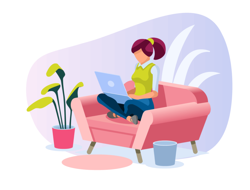 Illustration of person sitting on a couch with a laptop