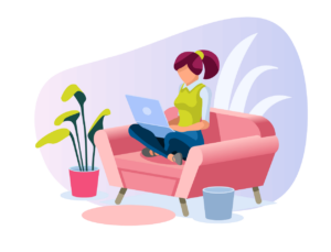 Illustration of person sitting on a couch with a laptop